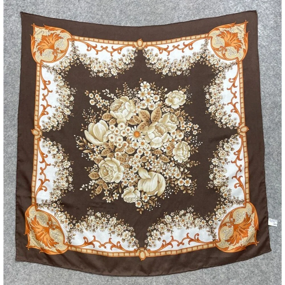 Vintage Gucci Silk Scarf Brown Orange White Floral Logo Hand Rolled Italy 33x33